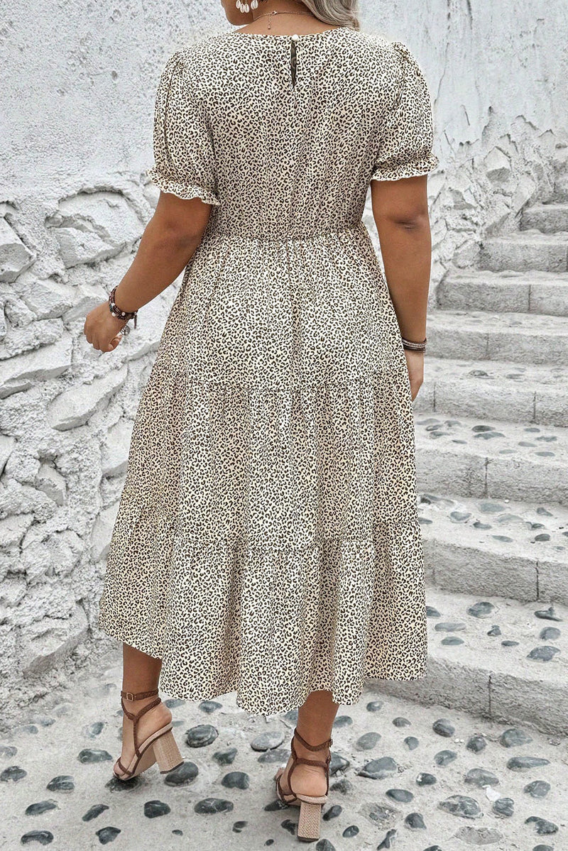 Plus Size Leopard Print Frill Trim Short Sleeve Flared Dress