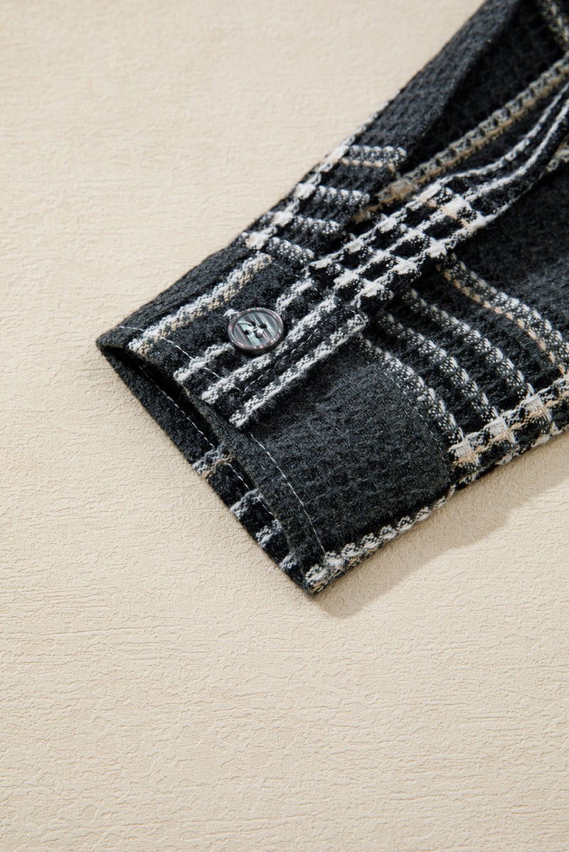 Plaid Print Textured Knit Buttoned Shacket