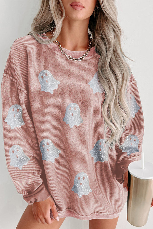 Halloween Ghost Corded Crew Neck Loose Sweatshirt