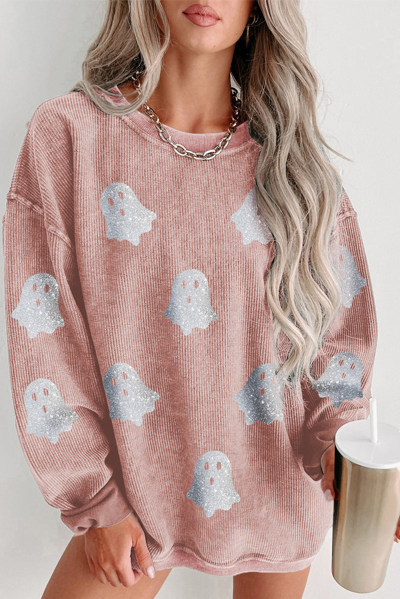 Halloween Ghost Corded Crew Neck Loose Sweatshirt