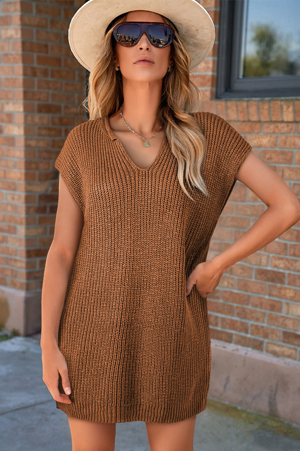Brown Solid Color Short Sleeve Notched V Neck Sweater Dress