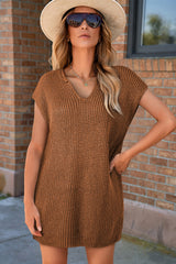 Brown Solid Color Short Sleeve Notched V Neck Sweater Dress