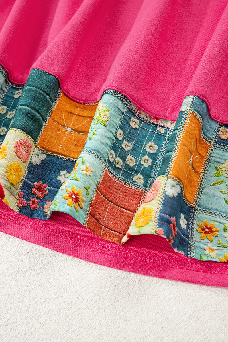 Dark Pink Floral Hemline Patchwork Round Neck Casual Top