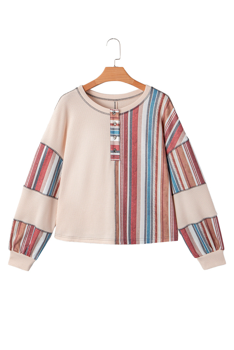 Striped Waffle Patchwork Exposed Seam Raw Edge Casual Knit Top