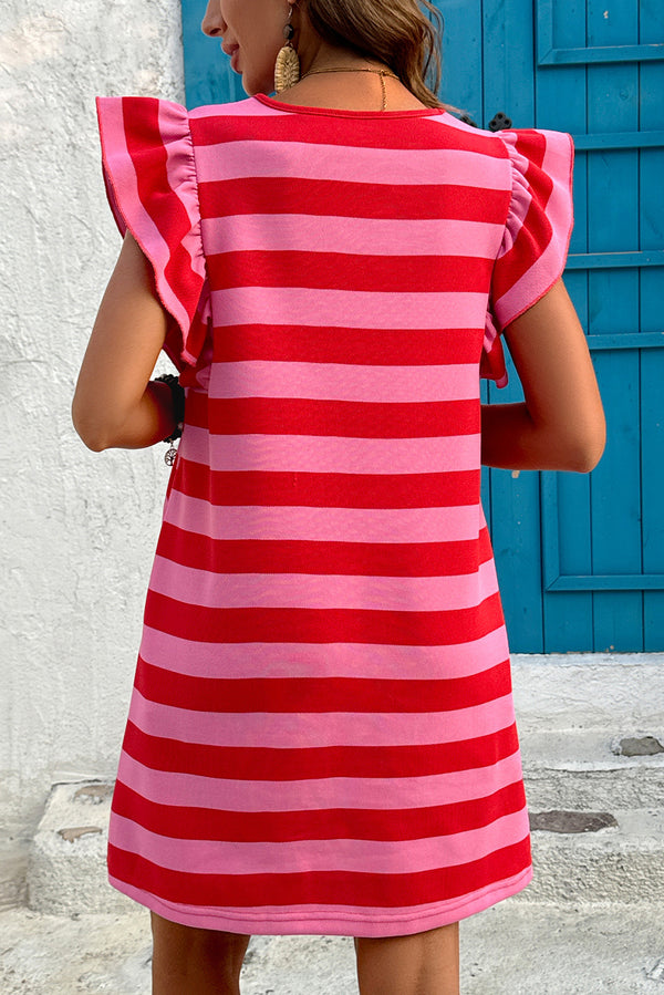 Stripe Flutter Sleeve Round Neck Shift Dress