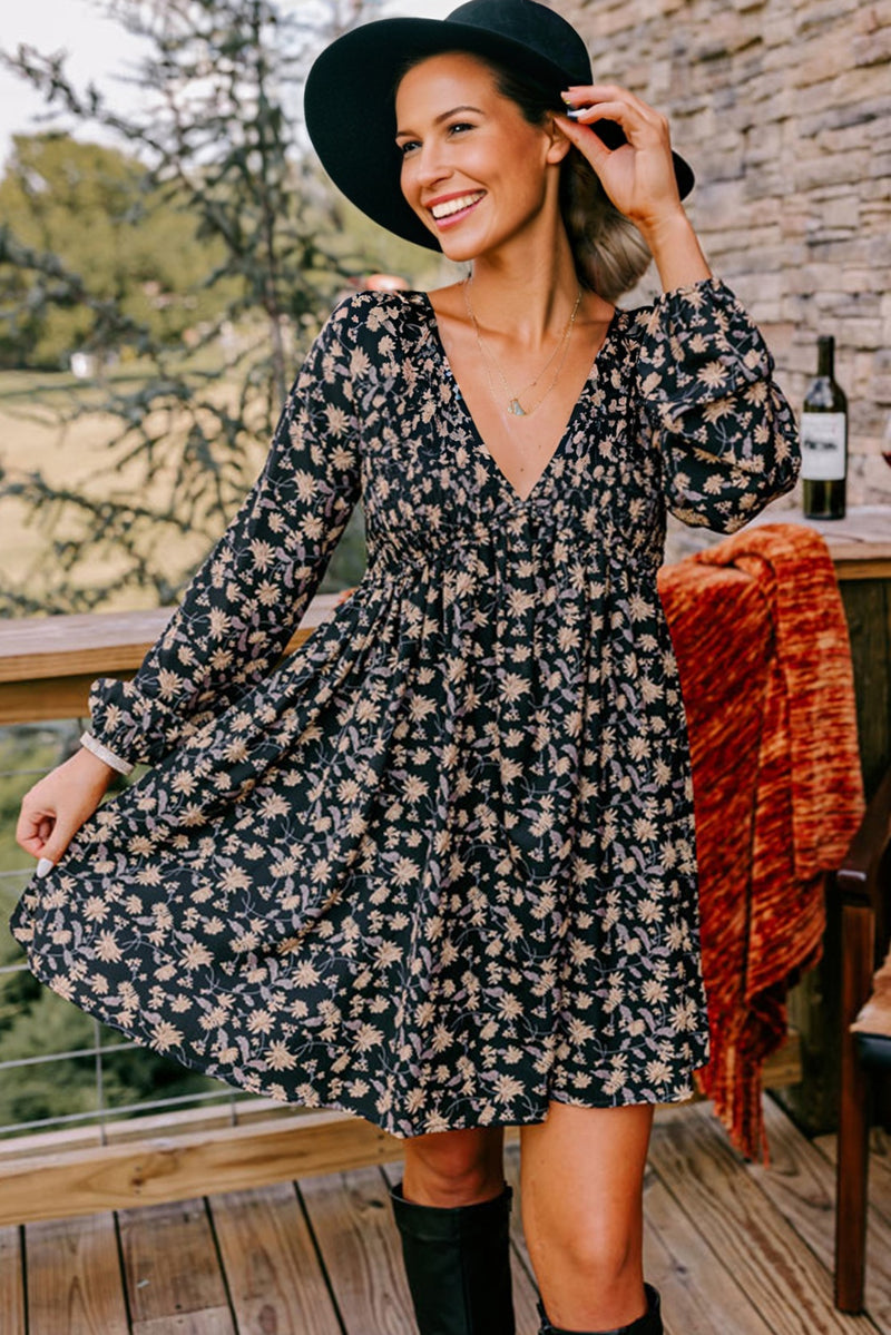 Floral Deep V Neck Smocked Bust Bubble Sleeve Babydoll Dress