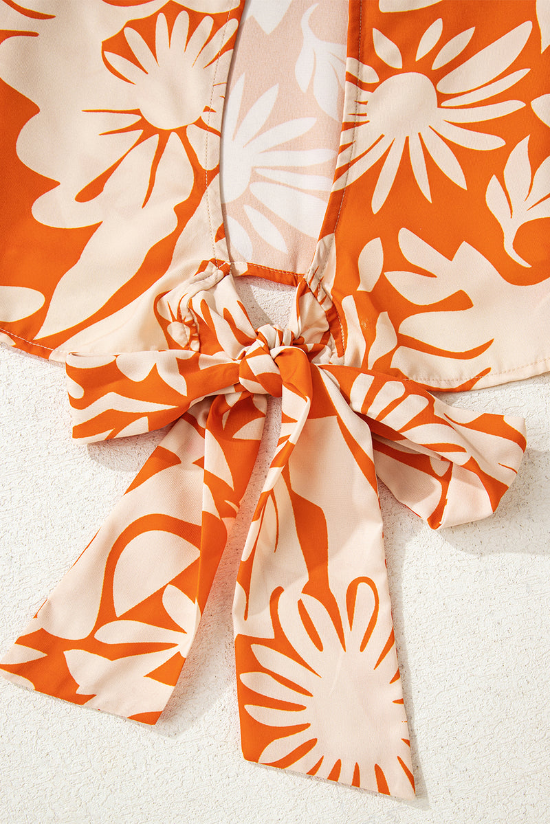 Floral Print Knotted Open Back Long Sleeve Blouse