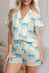 Bow Printed Short Sleeve Shirt Shorts Pajama Set