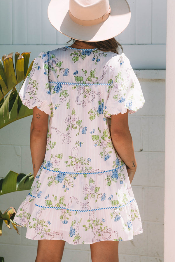 Floral Striped Print Contrast Trim Tie Split Neck Mini Dress