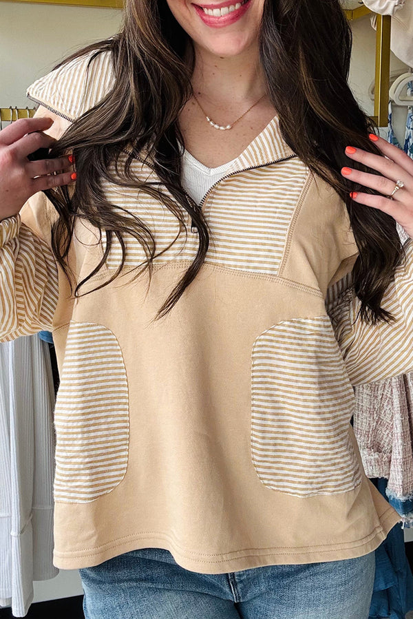 Beige Quarter Zip Striped Patchwork Drop Shoulder Loose Long Sleeve Top
