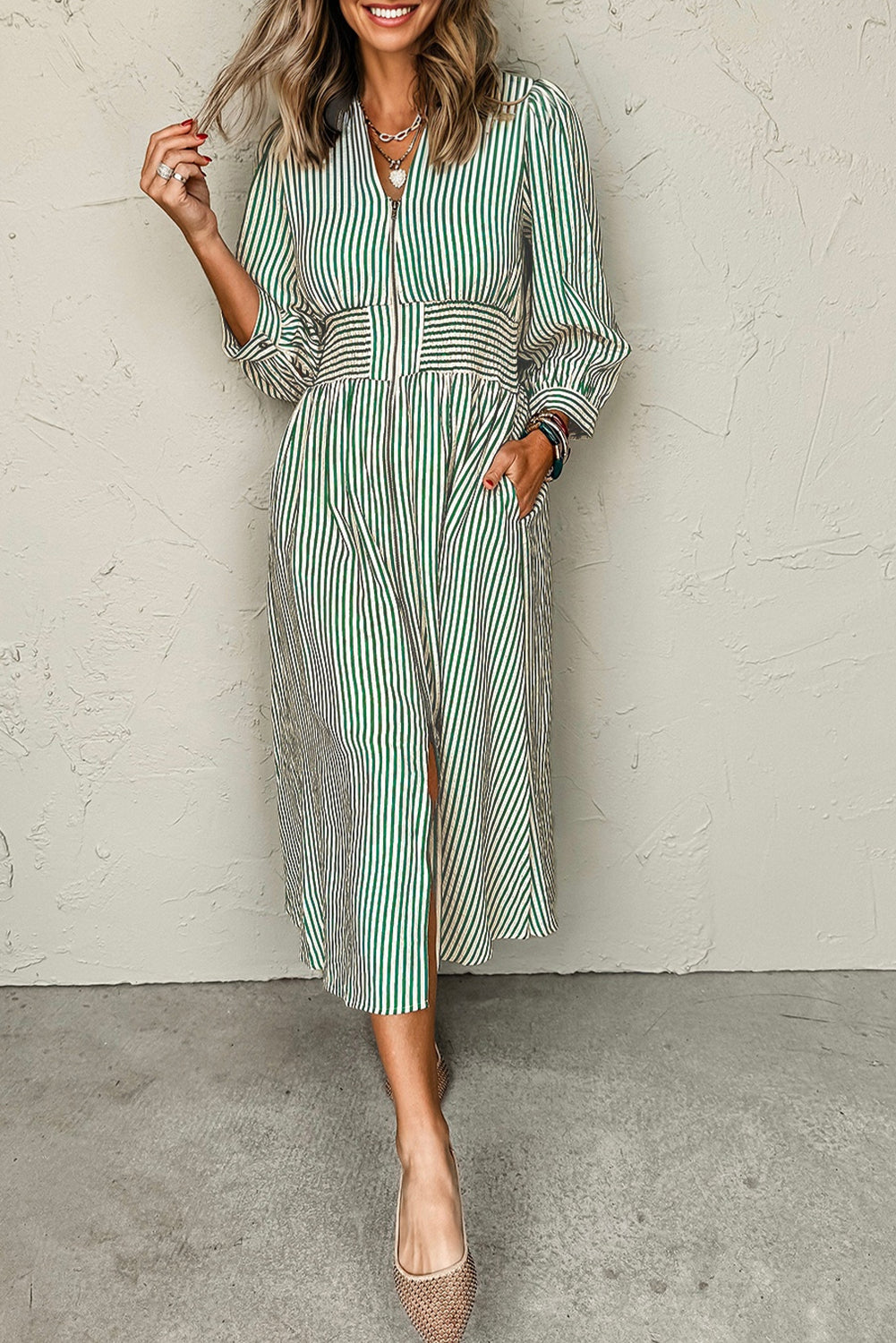 Stripe V Neck Zip Front Cinched High Waist Midi Dress