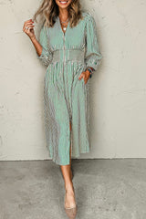 Stripe V Neck Zip Front Cinched High Waist Midi Dress