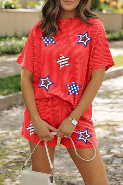 Sequin USA Flag Star Graphic Corded T Shirt and Shorts Set