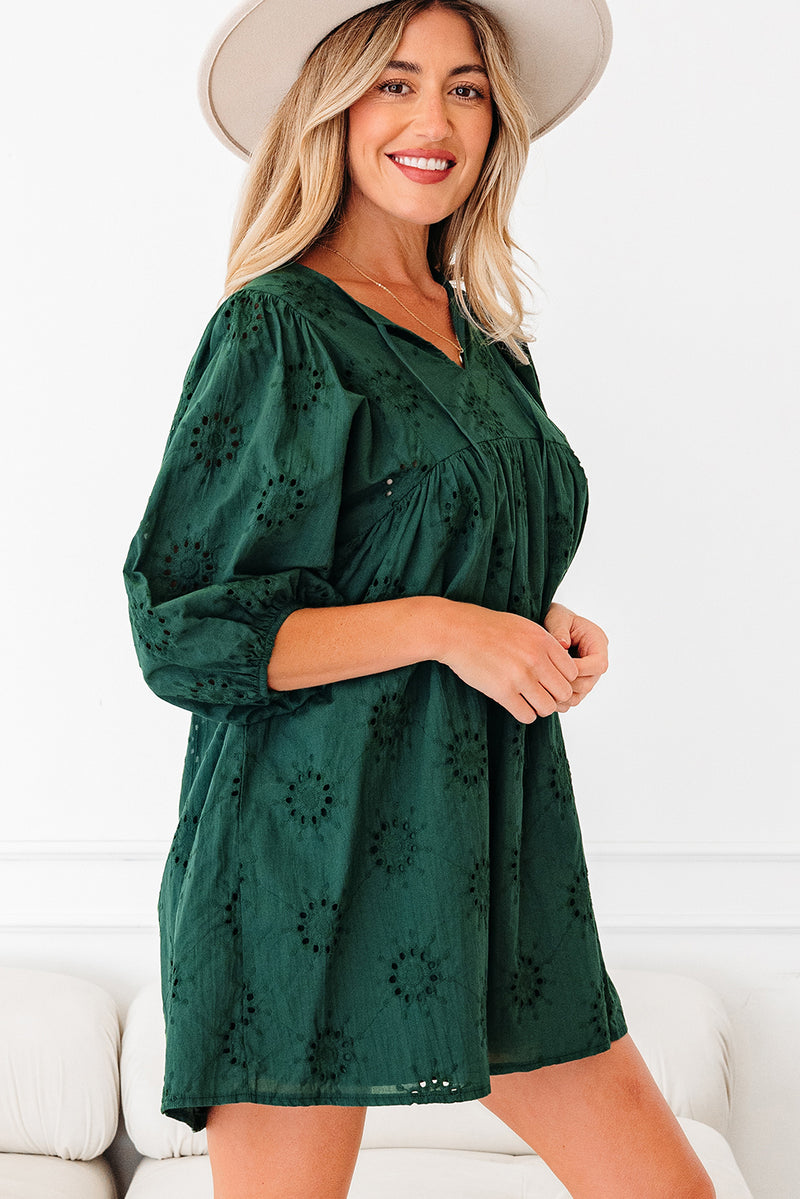 Embroidered Eyelet Pattern 3/4 Puffy Sleeve Swing Mini Dress