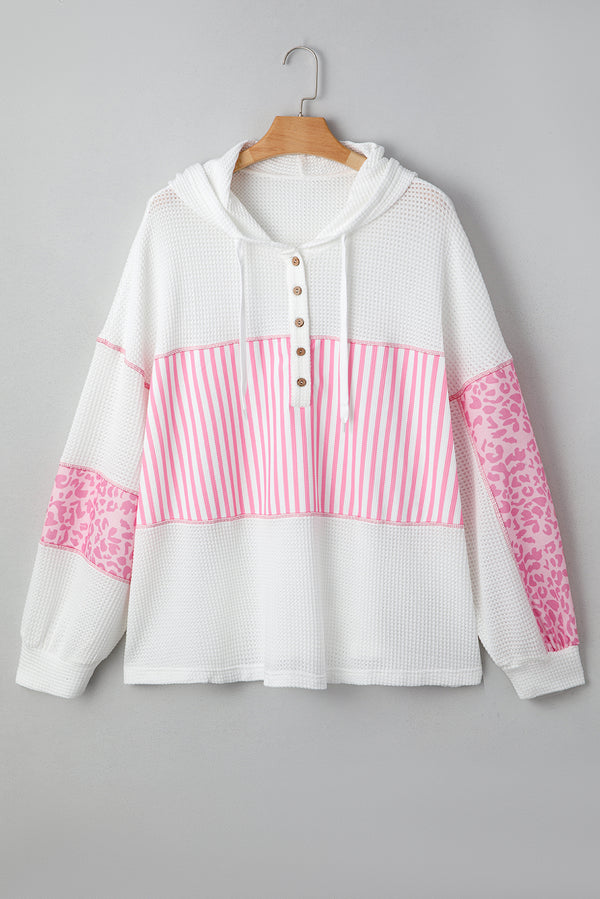 Stripe Leopard Patchwork Waffle Knit Buttoned Plus Size Hoodie