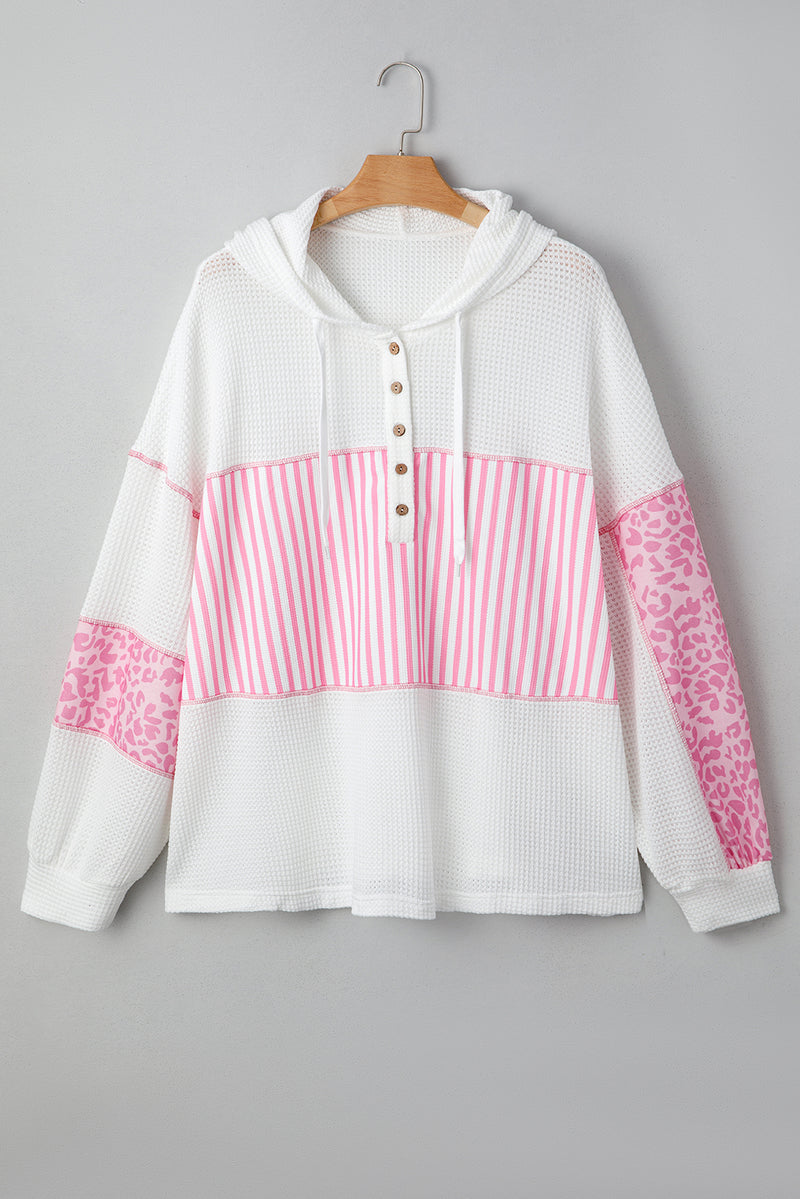 Stripe Leopard Patchwork Waffle Knit Buttoned Plus Size Hoodie