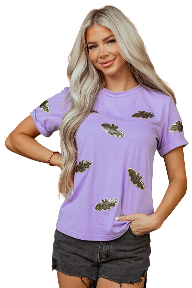 Sequin Halloween Bat Patched Casual T Shirt