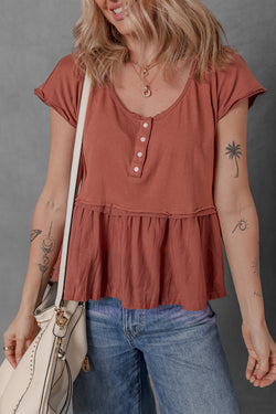 Short Sleeve U Neck Buttons Splicing Ruffle Blouse