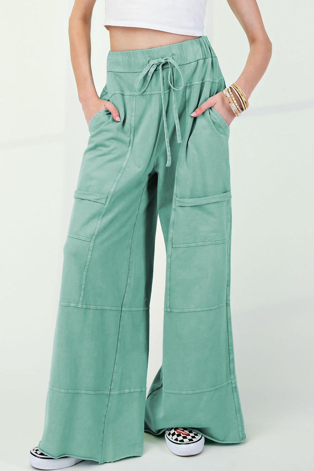 Mineral Wash Exposed Seam Drawstring Elastic Waistband Wide Leg Cargo Pants