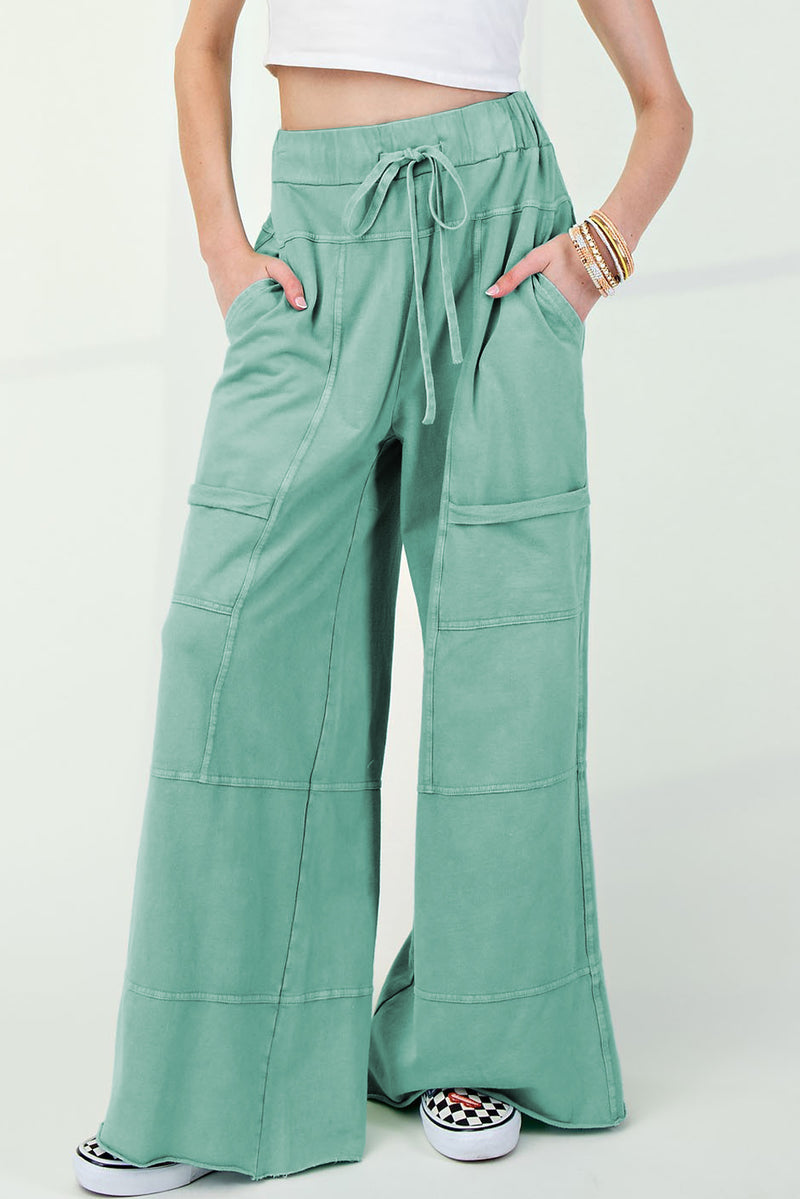 Mineral Wash Exposed Seam Drawstring Elastic Waistband Wide Leg Cargo Pants