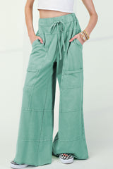 Mineral Wash Exposed Seam Drawstring Elastic Waistband Wide Leg Cargo Pants