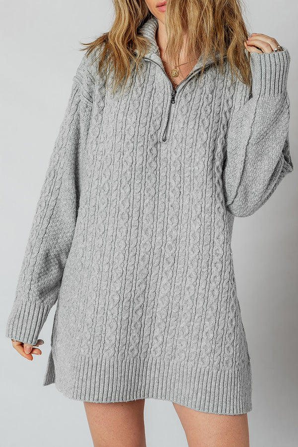 High Cable Knit Quarter Zip Ribbed Trim Loose Sweater Dress