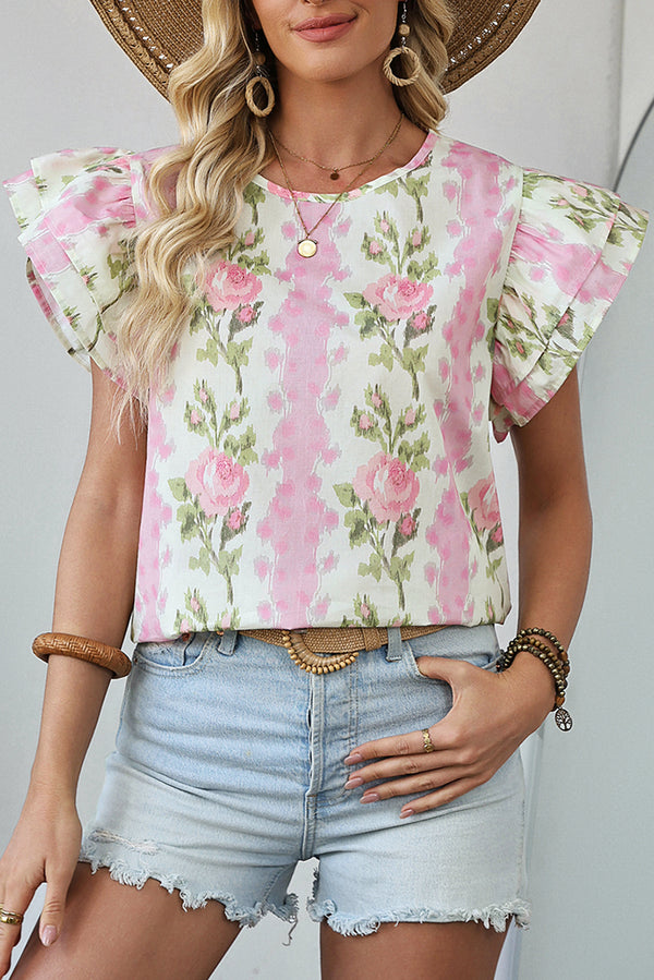 Pink Floral Print Ruffled Sleeve Summer Top