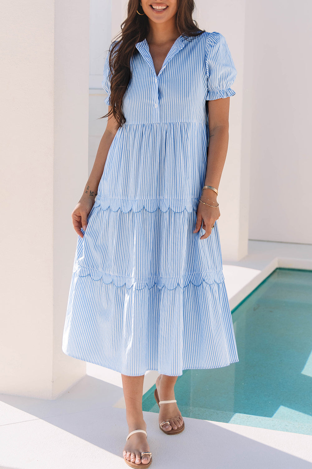 Stripe Bubble Short Sleeve Tiered Scallop Long Dress