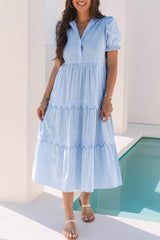 Stripe Bubble Short Sleeve Tiered Scallop Long Dress