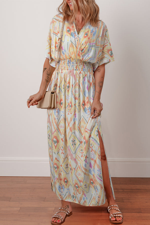 Geometric Print Half Sleeve Shirred High Waist Maxi Dress