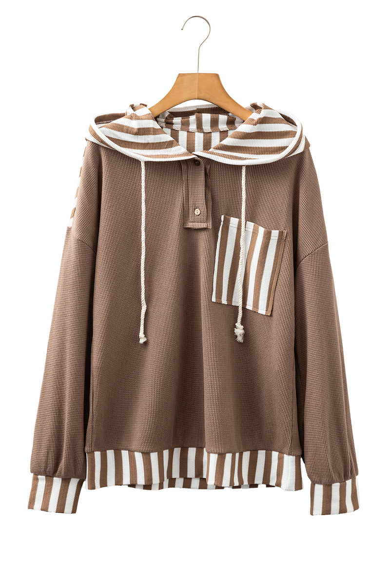 Waffle Texture Striped Patchwork Button Neck Drawstring Hoodie