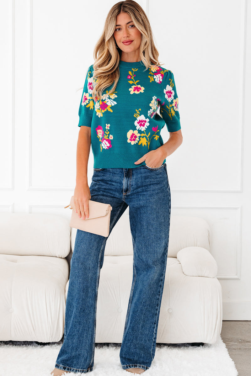 Teal Flower Pattern Mock Neck Short Sleeve Knitted T Shirt