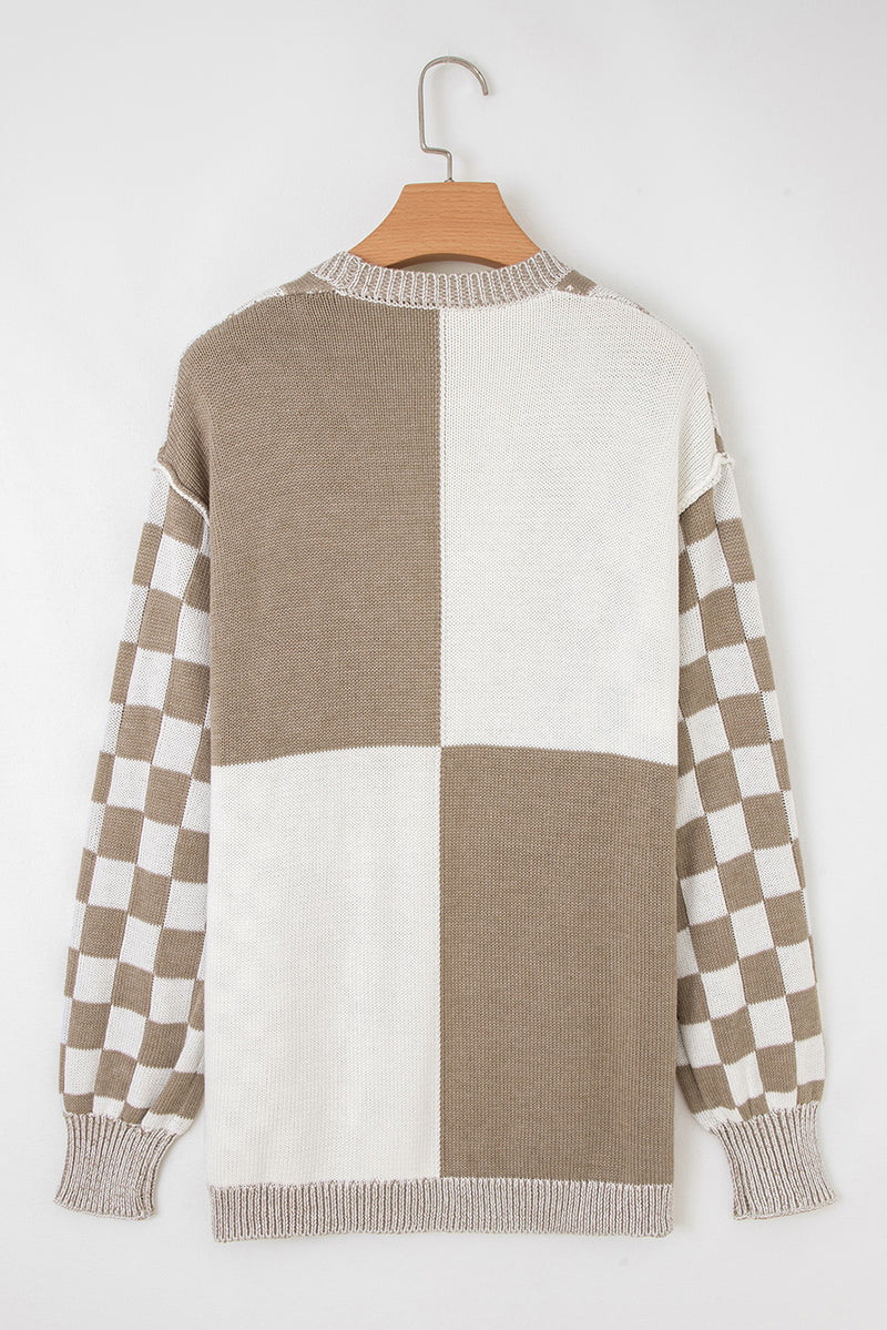 Checkered Open Front Drop Shoulder Cardigan