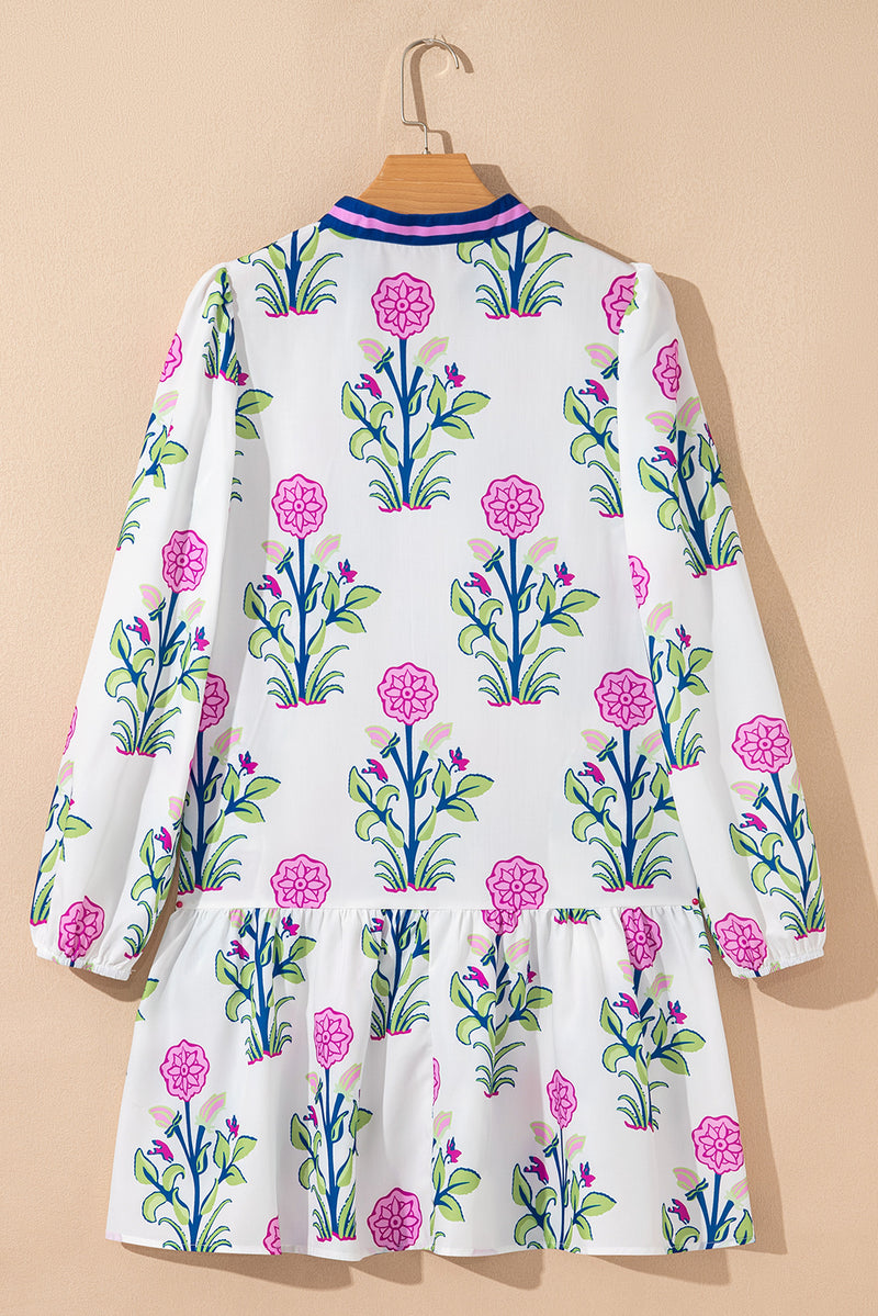 Floral Print Contrast Striped Trim Notched Neck Long Sleeve Dress