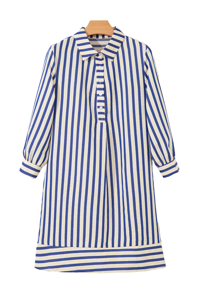 Stripe Collared Half Button Side Pockets Loose Fit Mini Dress