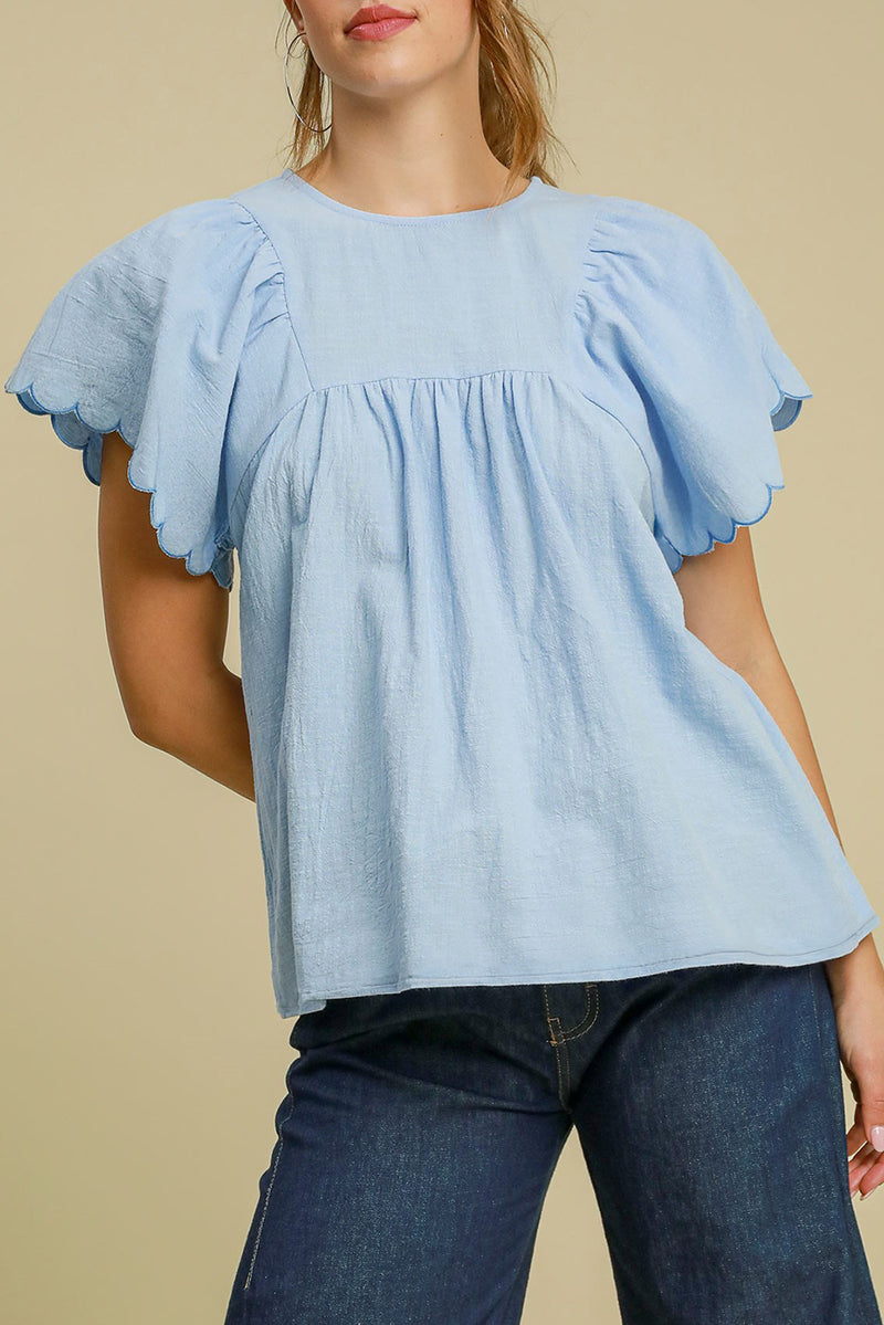Blue Solid Color Embroidered Scalloped Sleeves Crew Neck Blouse