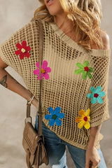 Beige Crochet Flower Hollow-out Sweater T Shirt