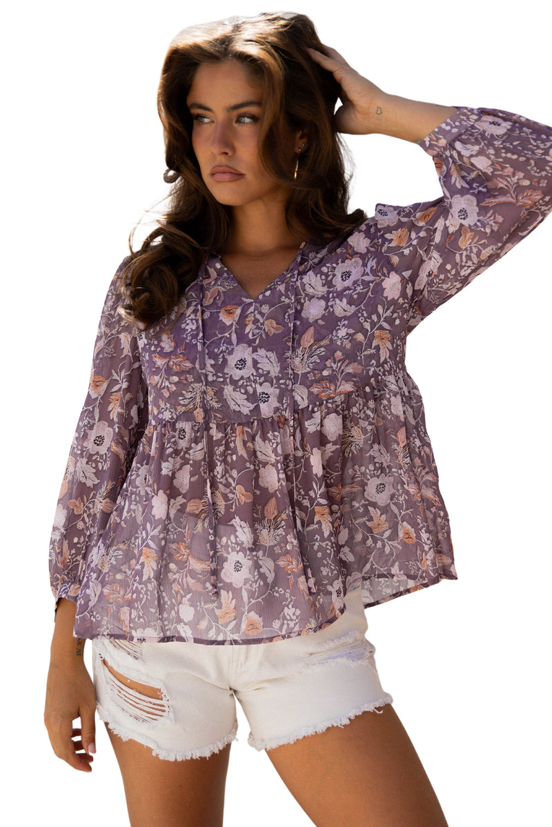 Boho Flower Print 3/4 Sleeve Babydoll Blouse