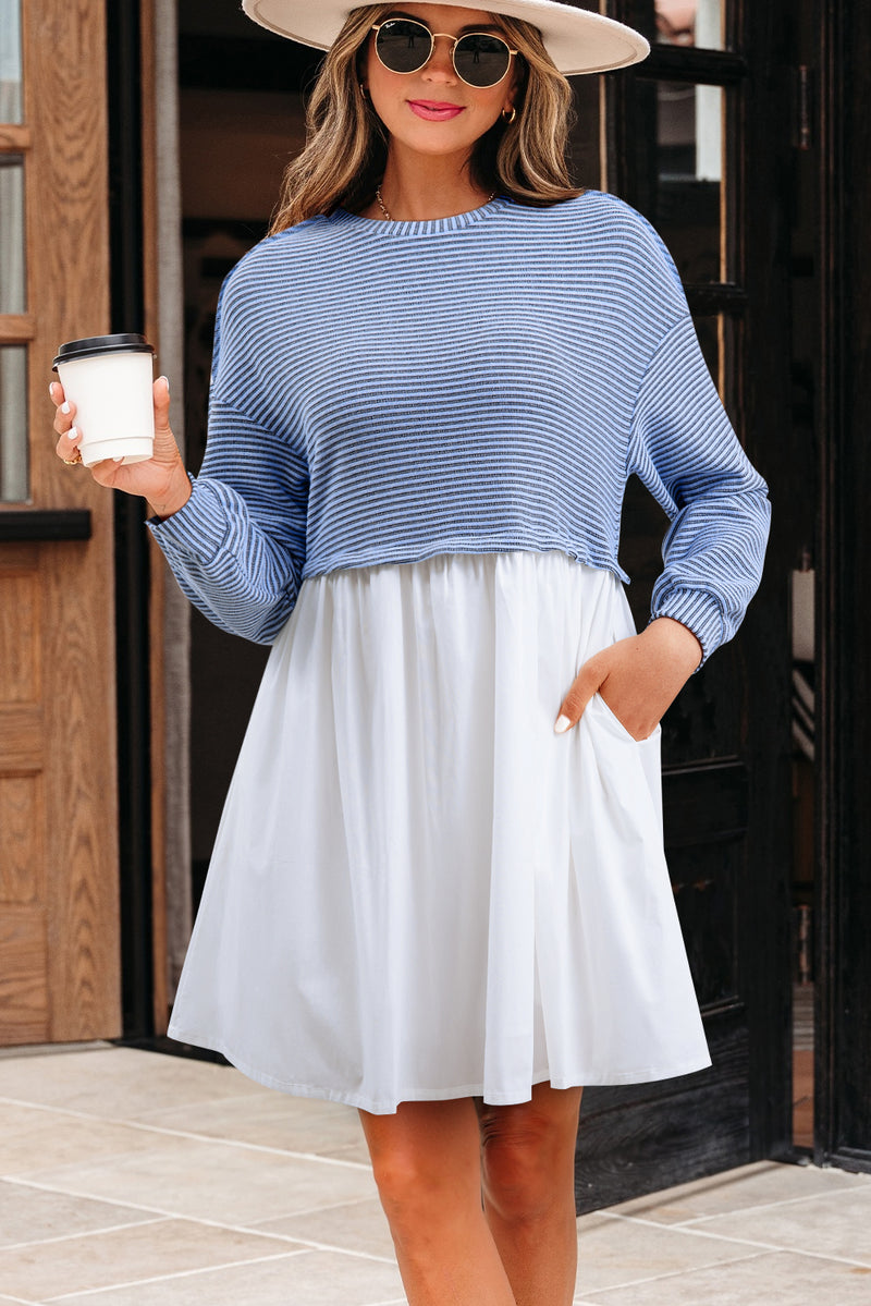 Stripe Patchwork Pleated High Waist Loose Mini Dress