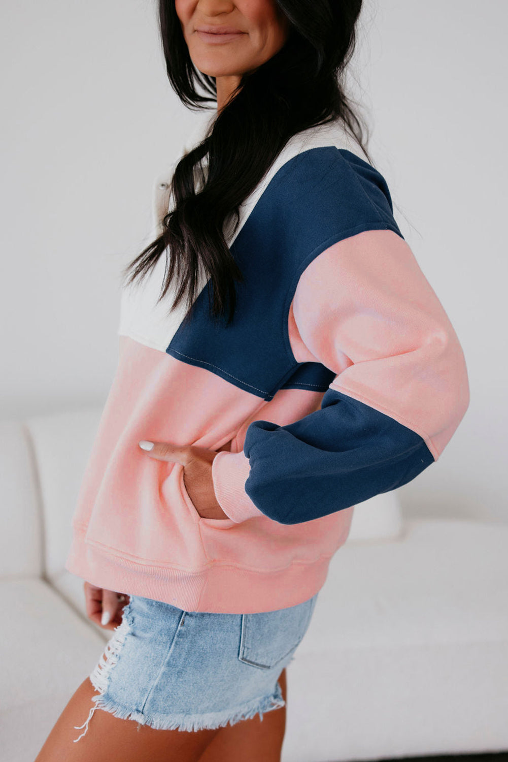 Colorblock Patchwork Half Button Baggy Sweatshirt