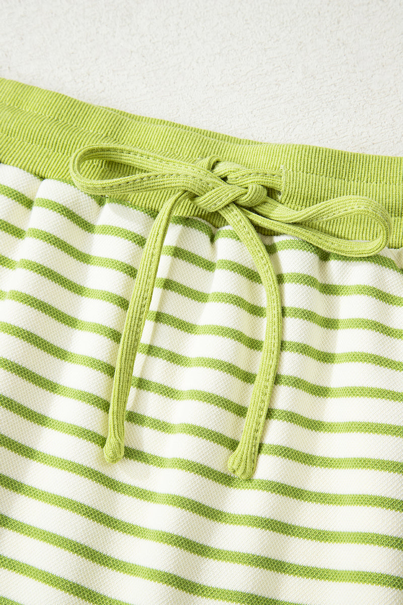 Green Stripe Collared V Neck Drop Shoulder Pullover and Skort 2pcs Outfit