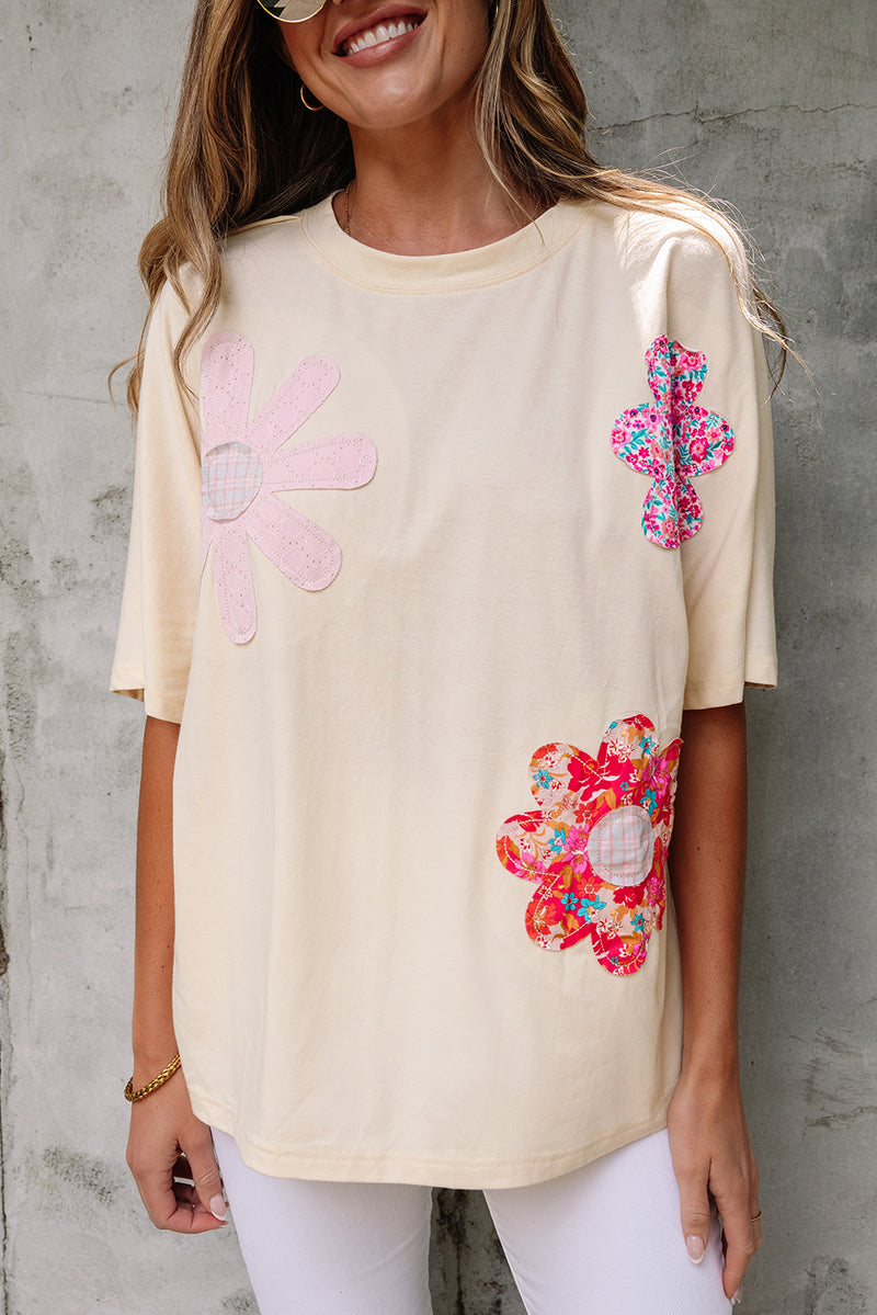 Flower Patched Exposed Stitching Trim Crew Neck Loose Tee
