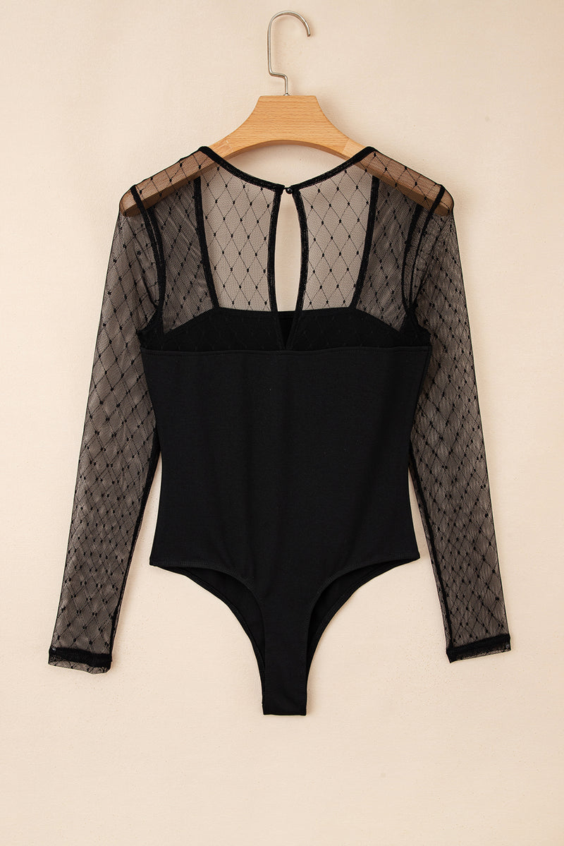 Polka Dot Mesh Long Sleeve Square Neck Bodysuit