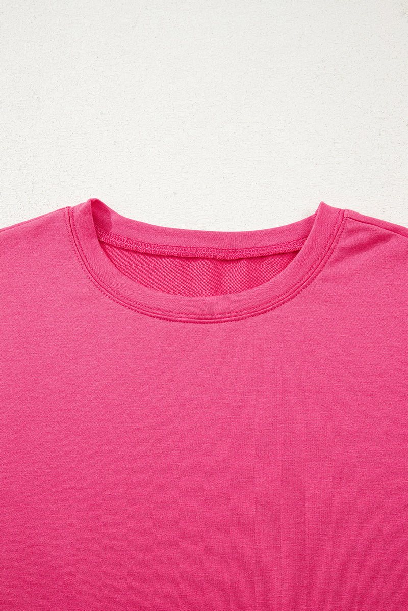 Dark Pink Floral Hemline Patchwork Round Neck Casual Top