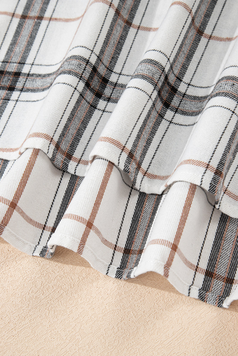 Plaid Print Collared V Neck Loose Blouse with Side Slits