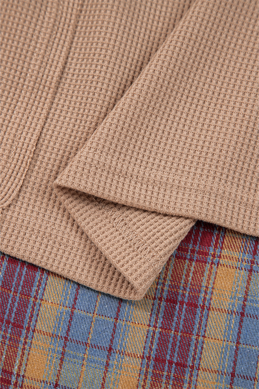 Waffle Stripe Plaid Patchwork Henley Knit Top