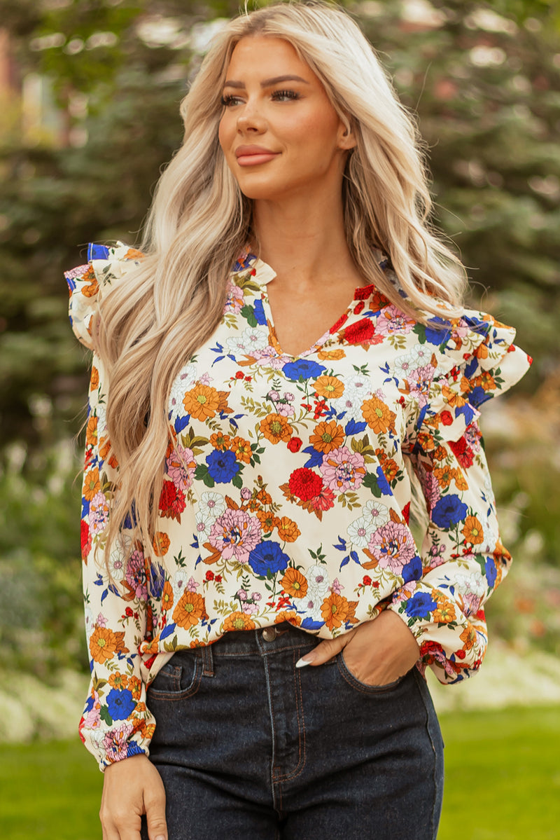 Ruffled Shoulder Long Sleeve Floral Blouse