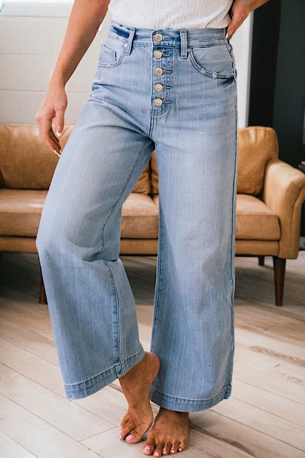 Multi Buttons Pinstripe Wide Leg Jeans