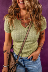 Textured Knit Slim Fit Notch V Neck T Shirt
