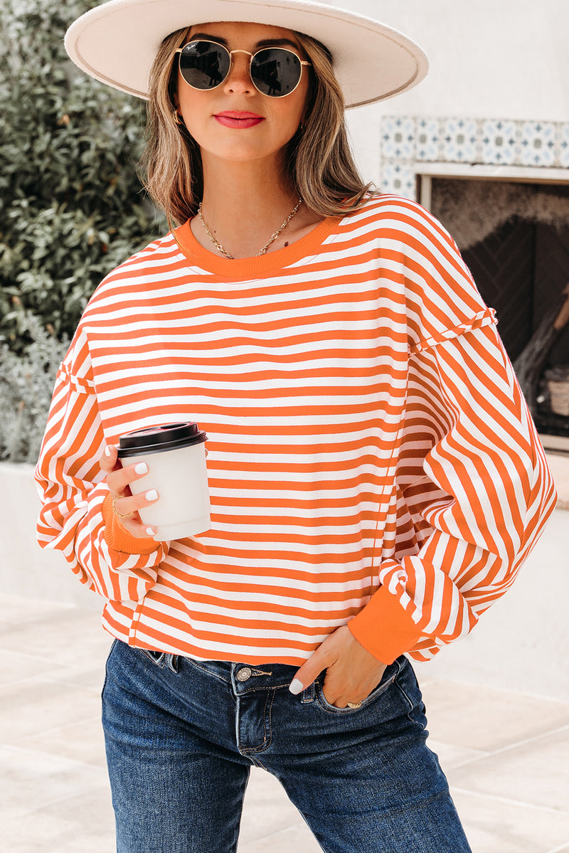 Stripe Exposed Seam Drop Shoulder Casual Pullover Top